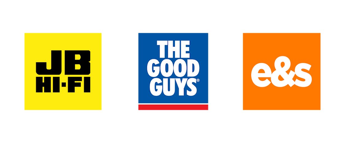 Brand logos: Jb hi-fi, The Good Guys, e&s