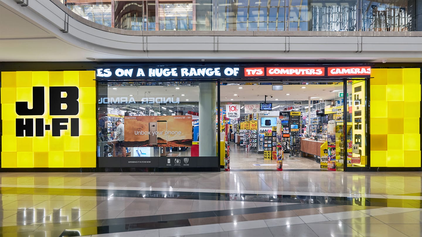 JB Hi-Fi storefront in shopping centre.