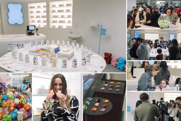 Collage of photos from the UNICHI Concept Store at Westfield Sydney, featuring product displays, shelves of supplements, visitors exploring the store, interactive displays, colourful gummy bear installations and customers participating in launch activities.