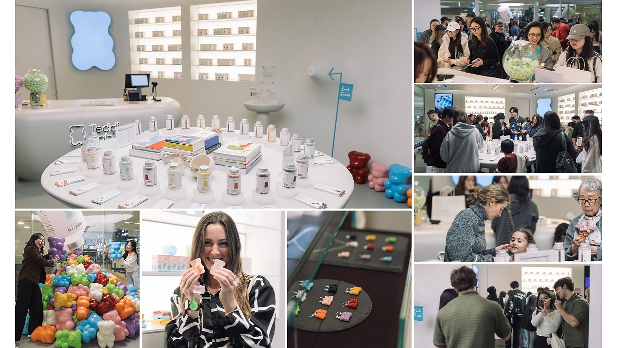 Collage of photos from the UNICHI Concept Store at Westfield Sydney, featuring product displays, shelves of supplements, visitors exploring the store, interactive displays, colourful gummy bear installations and customers participating in launch activities.