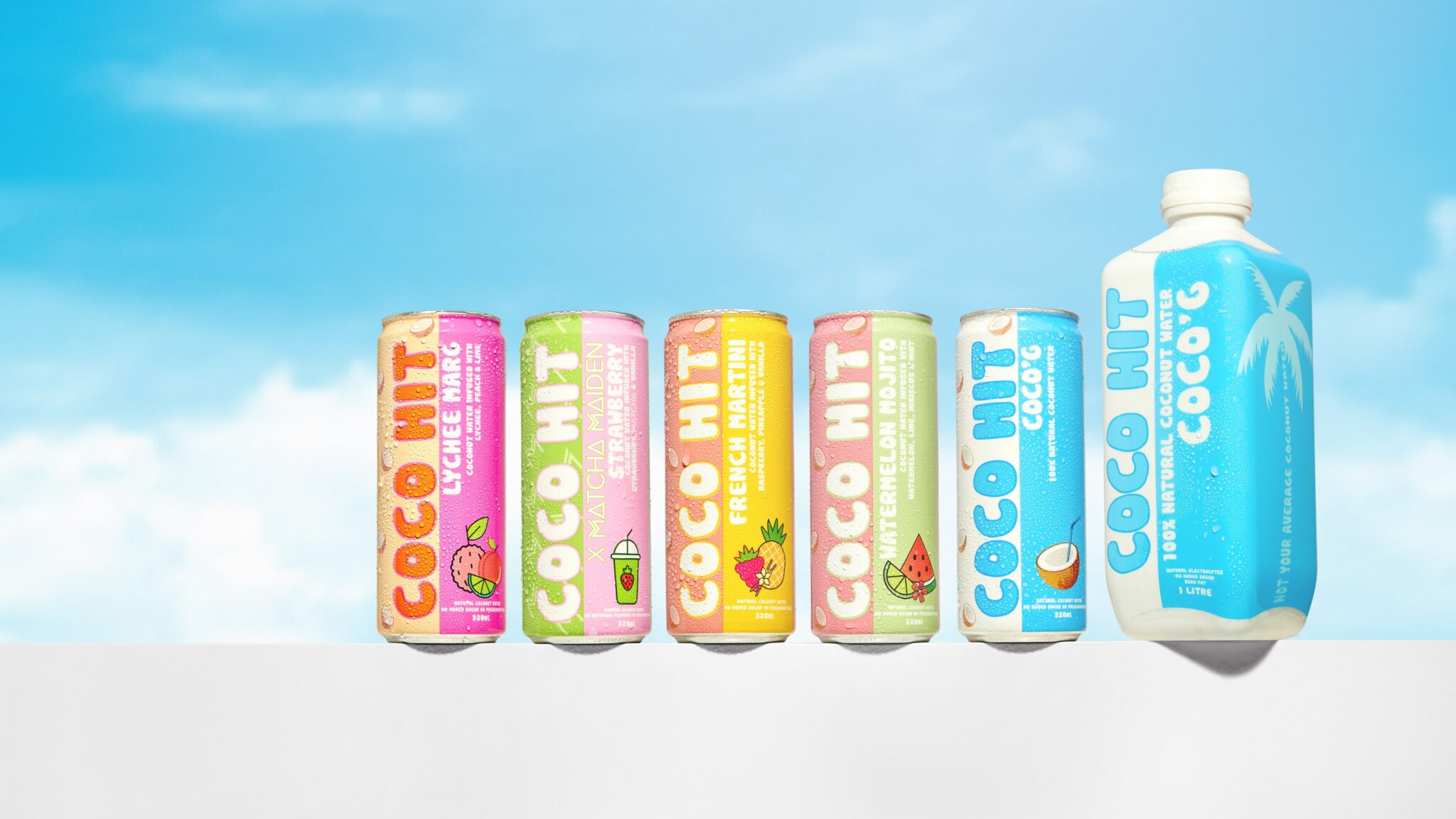 Coco hit drink flavours with blue sky background.