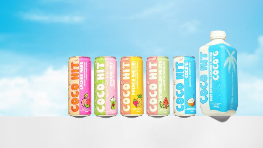 Coco hit drink flavours with blue sky background.