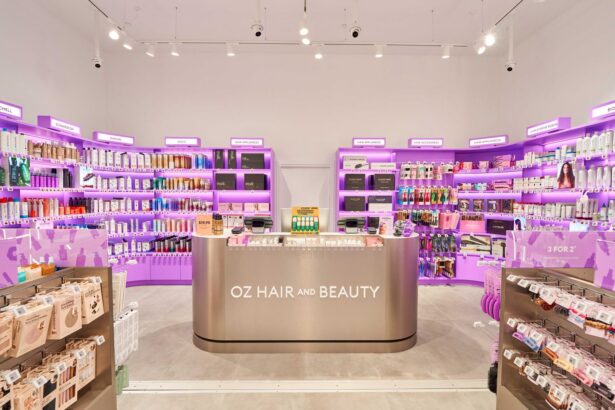 Interior of an Oz Hair and Beauty retail store featuring shelves of haircare products, styling tools and beauty accessories surrounding a central service counter, highlighting the retailer's expansion into physical stores.