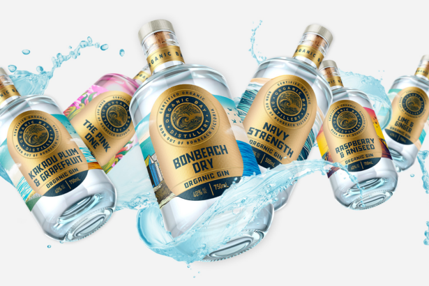 Organic Bay Distillery’s refreshed range of organic gin bottles featuring new colourful label designs.